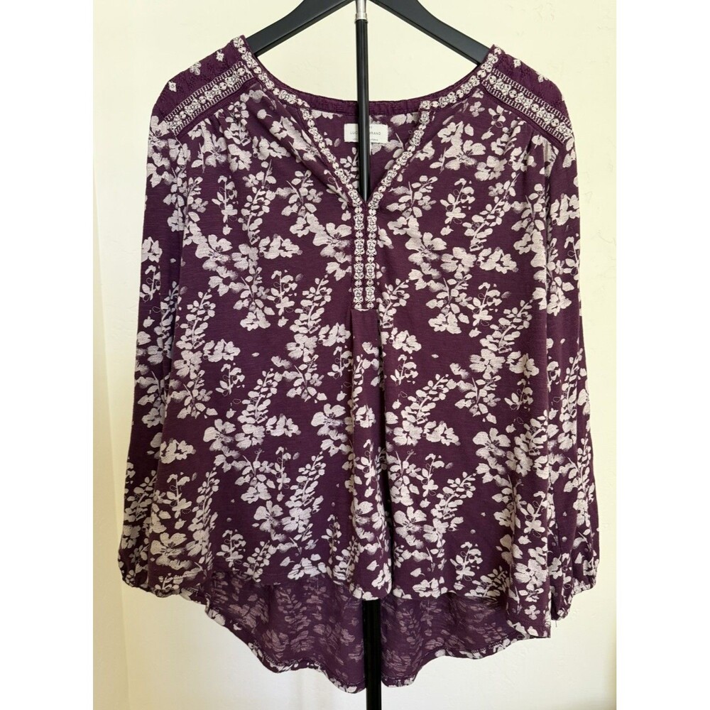 Lucky Brand Purple Floral Embroidered 2XL Top Cotton Knit Boho Peasant Hippie